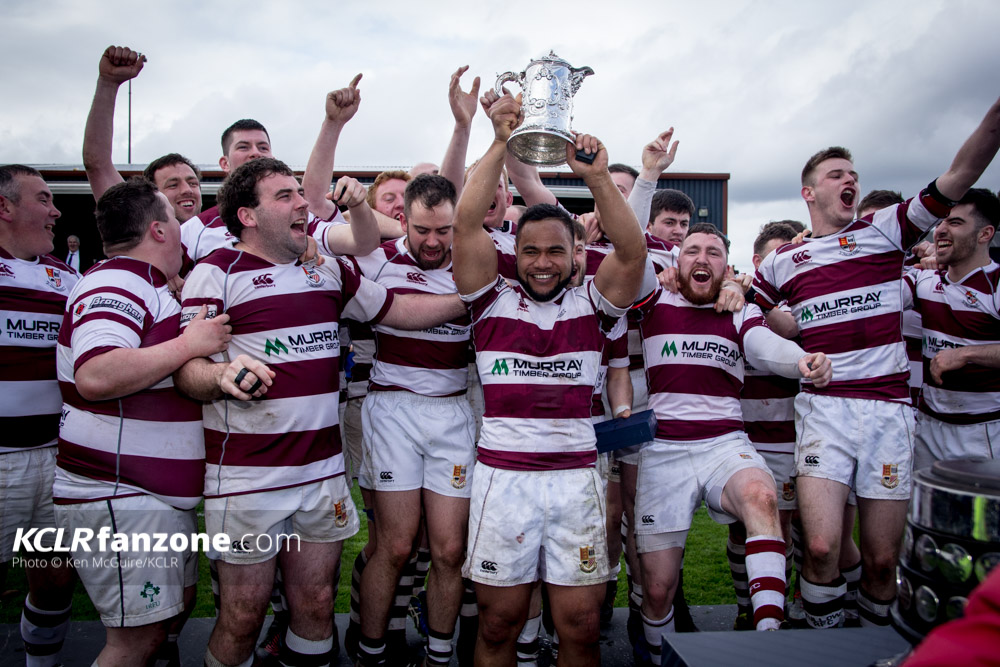 Tullow's Aho Bloomfield lifts the Provincial Towns Cup. Photo: Ken McGuire/KCLR