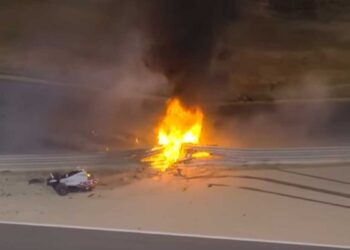 Romain Grosjean's Haas F1 car explodes on impact in Bahrain. Screengrab: Sky Sports F1/YouTube