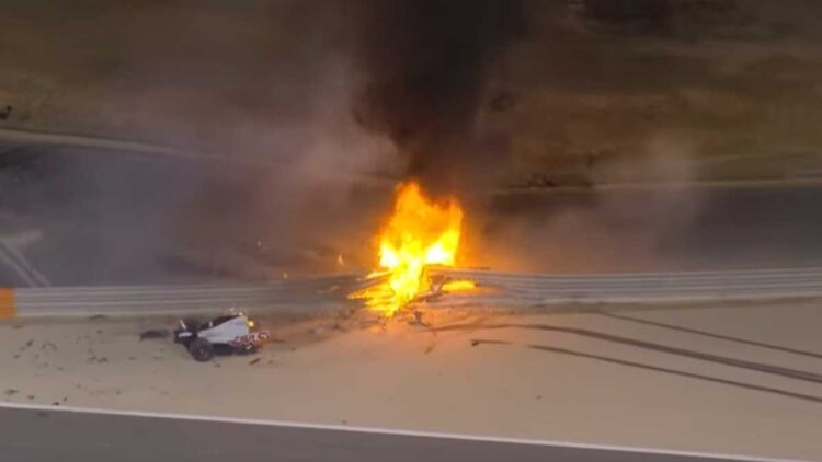 Romain Grosjean's Haas F1 car explodes on impact in Bahrain. Screengrab: Sky Sports F1/YouTube