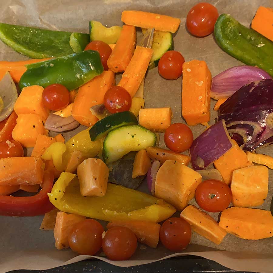 A tray of fresh vegetables bound for the oven.