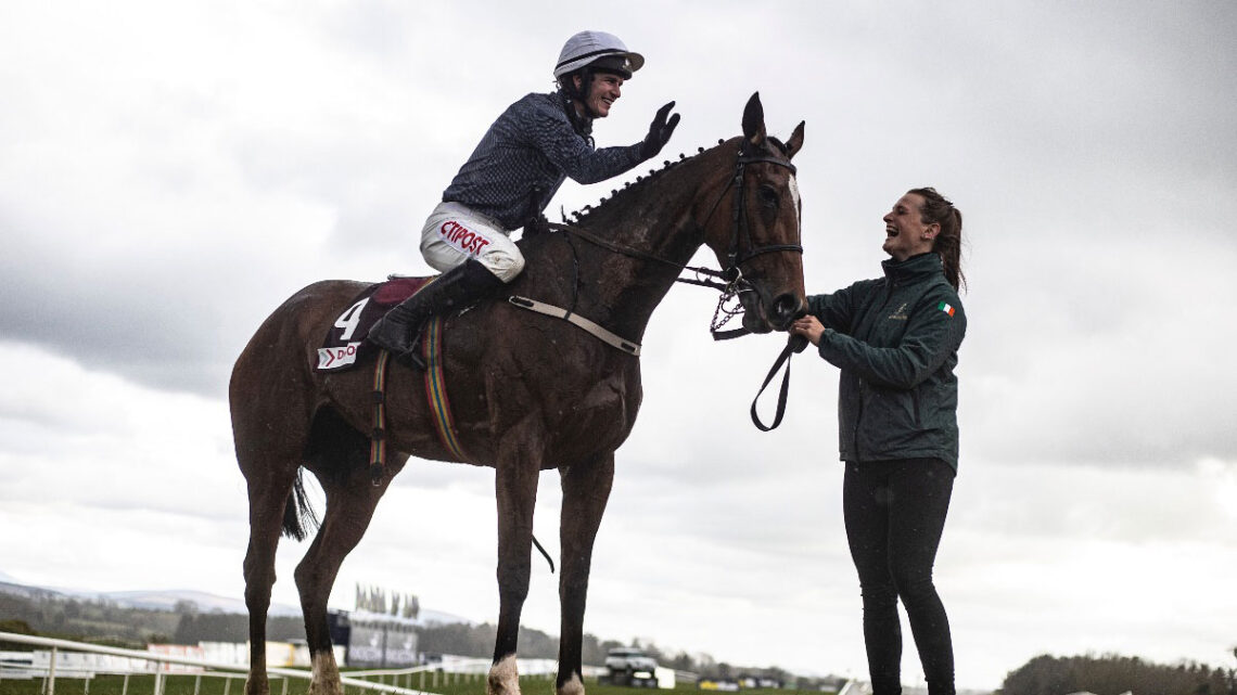 Colreevy and Danny Mullins with groom Aimee Morrissey after winning the Grade 1 Dooley Insurance Group Champion Novice Chase.