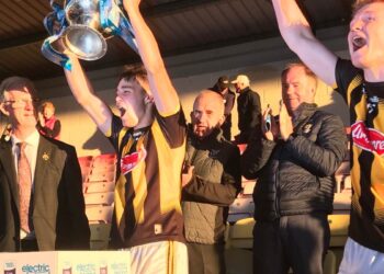 Harry Shine lifts the Leinster minor hurling trophy for 2021. Photo: @kilkennyclg/Twitter