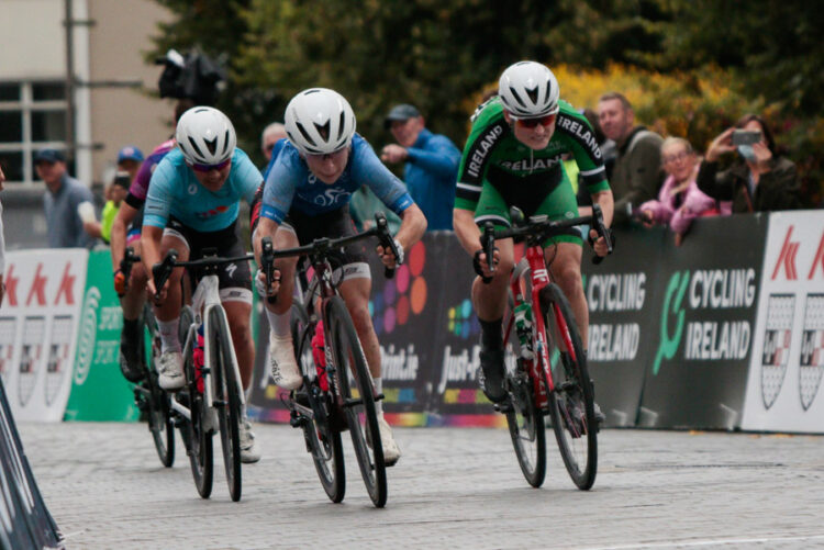 Kaia Schmidt of Lux Team wins stage 6 of Ras na mBan 2021 from Ireland's Mia Griffin. Photo: Lorraine O'Sullivan