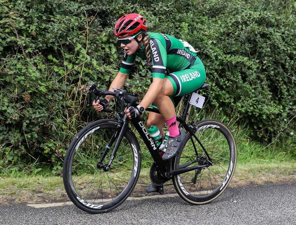 Irelands Fiona Mangan makes an early breakaway on Stage 2 of Rás na mBan 2021. Photo : Lorraine O'Sullivan