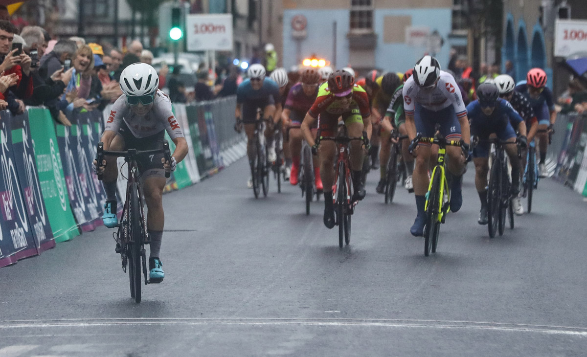 Kaia Schmid (left) leads home stage 1 of Rás na mBan in Callan. Photo: Lorraine O'Sullivan