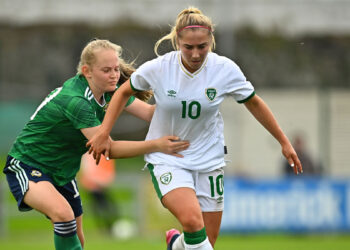 Ellen Molloy (in white) in action for Ireland's Women's U19s against Northern Ireland.