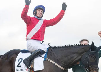 Paul Townend celebrates after an impressive win for Ferny Hollow in the Grade 1 Racing Post Novice Chase