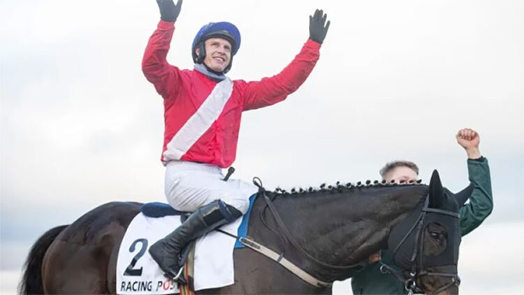 Paul Townend celebrates after an impressive win for Ferny Hollow in the Grade 1 Racing Post Novice Chase