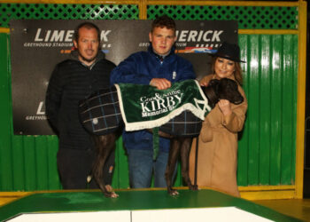 Dearbhla O'Brien, CEO, and Tom Wall with Mikey Cronin with his Winning Dog, Kildare. Picture Brendan Gleeson