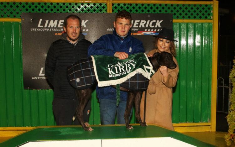 Dearbhla O'Brien, CEO, and Tom Wall with Mikey Cronin with his Winning Dog, Kildare. Picture Brendan Gleeson