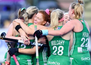 Ireland celebrate their win over Austria. Photo: Hockey Ireland