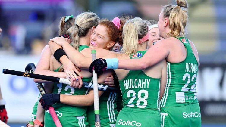 Ireland celebrate their win over Austria. Photo: Hockey Ireland