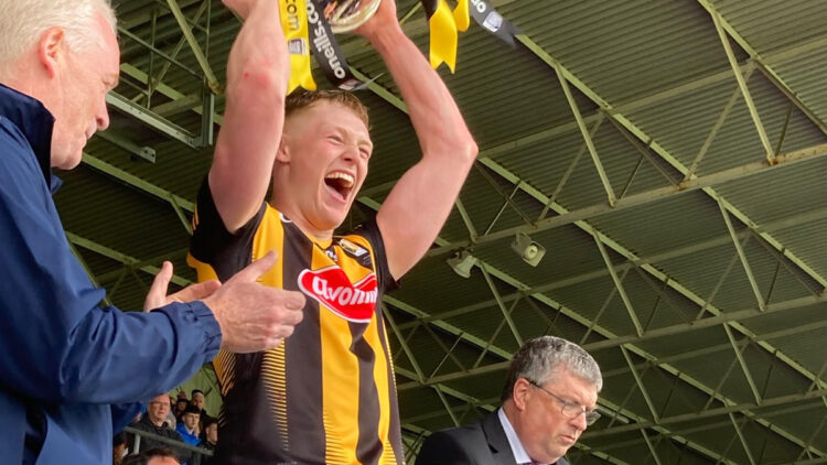 Padraig Moylan lifts the All-Ireland U20 trophy at Semple Stadium. Photo: @kilkennyclg/Twitter
