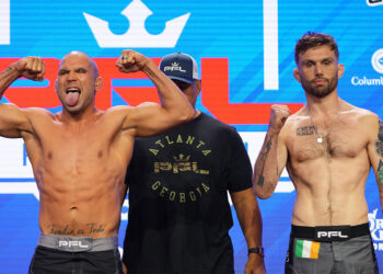 Jeremy Stephens (L) and Myles Price (R) at the PFL 4 ceremonial weigh-ins. Photo: PFL Media