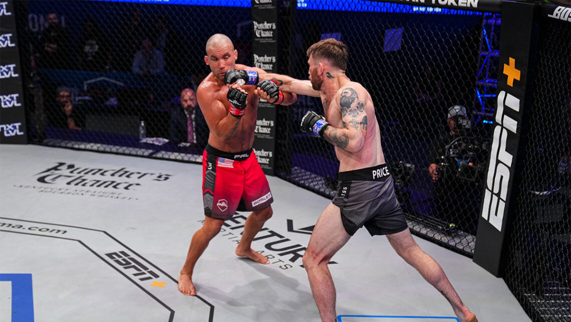 Myles Price lands a right cross on the chin of Jeremy Stephens at PFL 4
