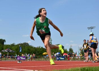 Emer Purtill, from Limerick, competes in the girls javelin U14 & O12, during the Aldi Community Games National Track and Field Finals that attract over 2,000 children to SETU Carlow Sports Campus in Carlow. Photo by Ramsey Cardy/Sportsfile