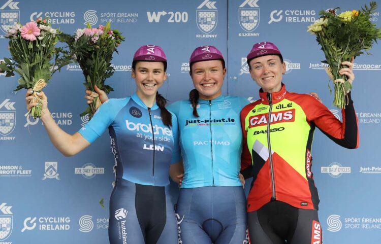 Alex Morrice (2nd), Kate Richardson (1st) and Becky Storrie (3rd) on stage 3 of the 2022 Rás na mBan. Pic : Lorraine O'Sullivan
