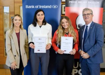 Pictured at the launch of the University College Cork Sports Scholarship Scheme 22/23 are Mary McKeever of sponsors Gym & Coffee; Ruby Millet, Castlecomer, Co, Kilkenny (Athletics), Micaela Sanderson, Boltonwoods , Kilkenny (Women’s Hockey) and UCC President Professor John O’ Halloran. Pic Daragh Mc Sweeney/Provision.