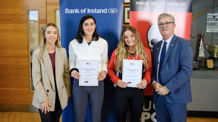 Pictured at the launch of the University College Cork Sports Scholarship Scheme 22/23 are Mary McKeever of sponsors Gym & Coffee; Ruby Millet, Castlecomer, Co, Kilkenny (Athletics), Micaela Sanderson, Boltonwoods , Kilkenny (Women’s Hockey) and UCC President Professor John O’ Halloran. Pic Daragh Mc Sweeney/Provision.