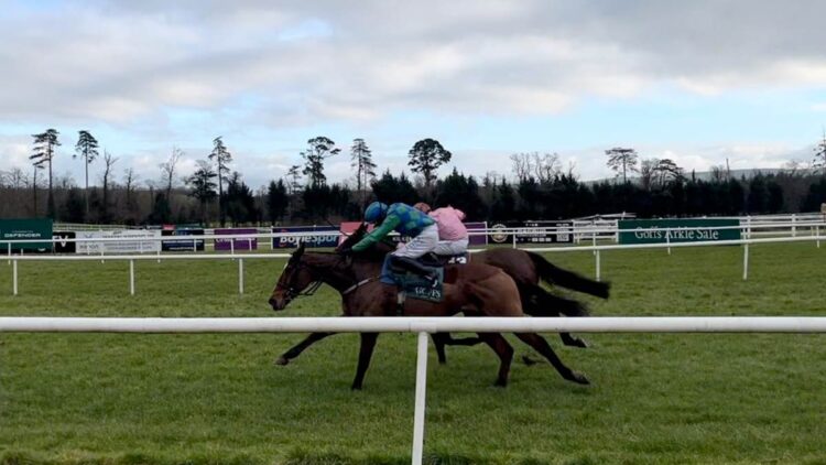 Carefully Selected (near) and Dunboyne, neck and neck at the finish of the 2023 Goffs Thyestes Chase. Photo: Ken McGuire/KCLR