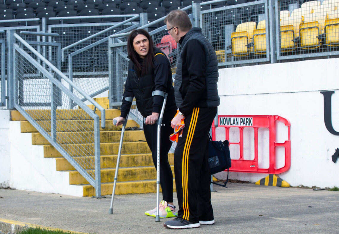 Miriam Walsh chatting to Dr Tadhg Crowley in UPMC Nowlan Park Very National Camogie League Division 1A. Photo: ©INPHO/Tom Maher