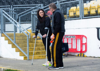 Miriam Walsh chatting to Dr Tadhg Crowley in UPMC Nowlan Park Very National Camogie League Division 1A. Photo: ©INPHO/Tom Maher
