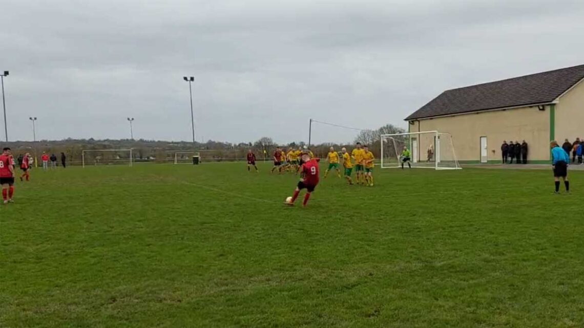 Cody Mulhall tees up for New Oak Boys' second goal against Crettyard on Sunday. Photo: @_TGaff/Twitter