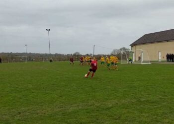 Cody Mulhall tees up for New Oak Boys' second goal against Crettyard on Sunday. Photo: @_TGaff/Twitter