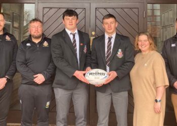 L-R: Kilkenny College senior coaches Mr. Swanepoel, Mr. Ashmore, Stephen Smyth, Sean Naughton, Ms. Raughter (principal) and Mr. Maloney (director of rugby). Photo courtesy Kilkenny College.
