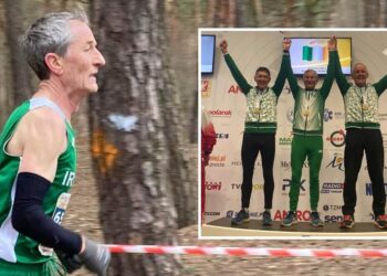 Tommy Payne (left) of Tinryland AC and (inset) M65 8k Team Ireland