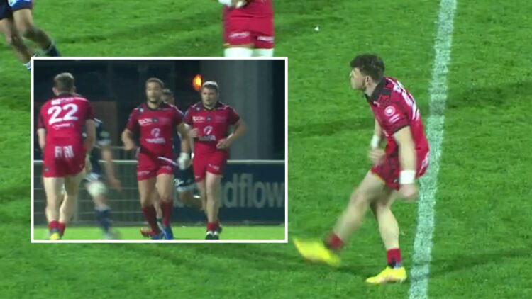 Peter Lydon hits a drop goal for Rouen against Colomiers in the Pro D2