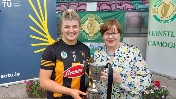 Kilkenny captain Hannah Scott pictured with Leinster chairperson Linda Kenny. Photo: Leinster Camogie/Twitter