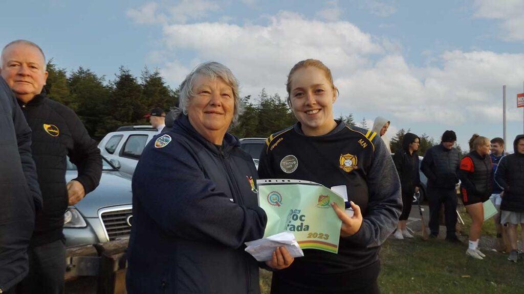 Carlow camogie chairperseon Margarent Condell with Myshall's Michelle Nolan. Photo: Tommy Murphy