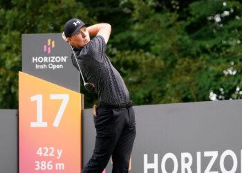 Mark Power tees off on 17 during the final round at the Horizon Irish Open at The K Club. Photo: Fran Caffrey / Golffile.